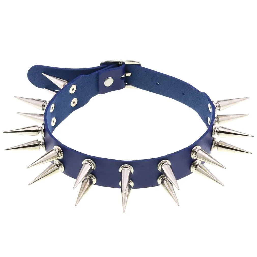 Long Spiked Choker Collar Leather Goth Necklace