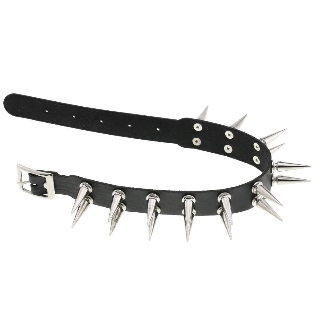 Long Spiked Choker Collar Leather Goth Necklace