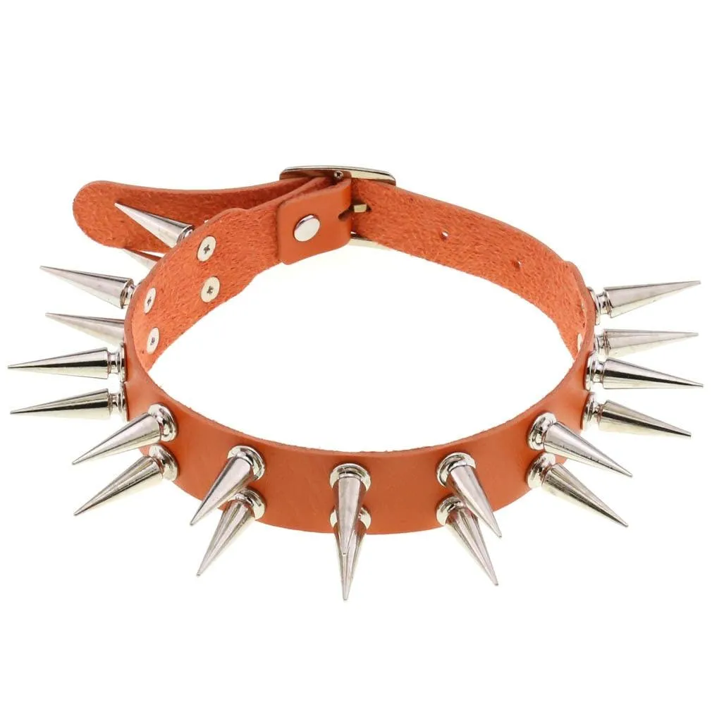 Long Spiked Choker Collar Leather Goth Necklace