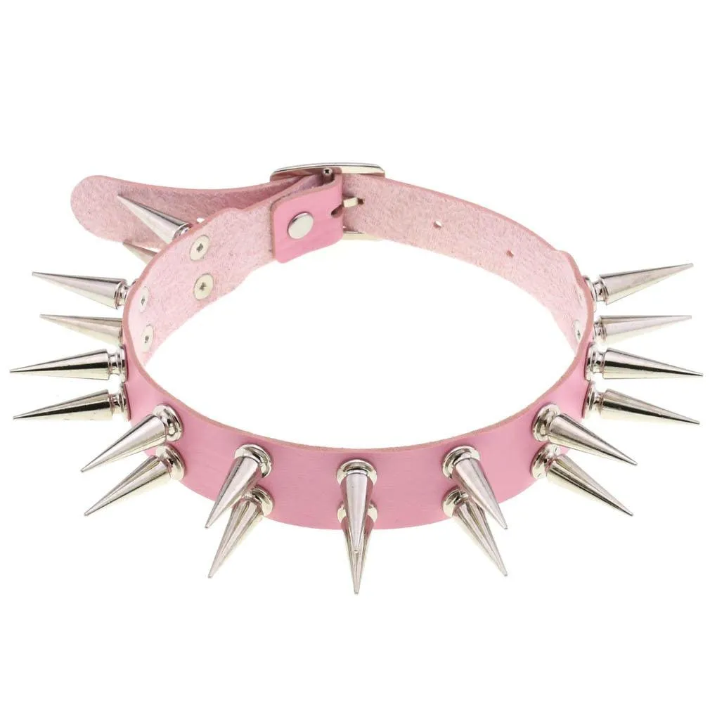 Long Spiked Choker Collar Leather Goth Necklace