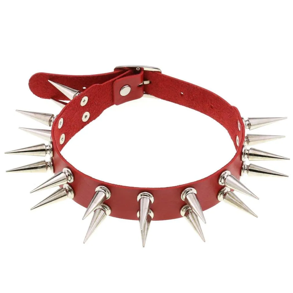 Long Spiked Choker Collar Leather Goth Necklace