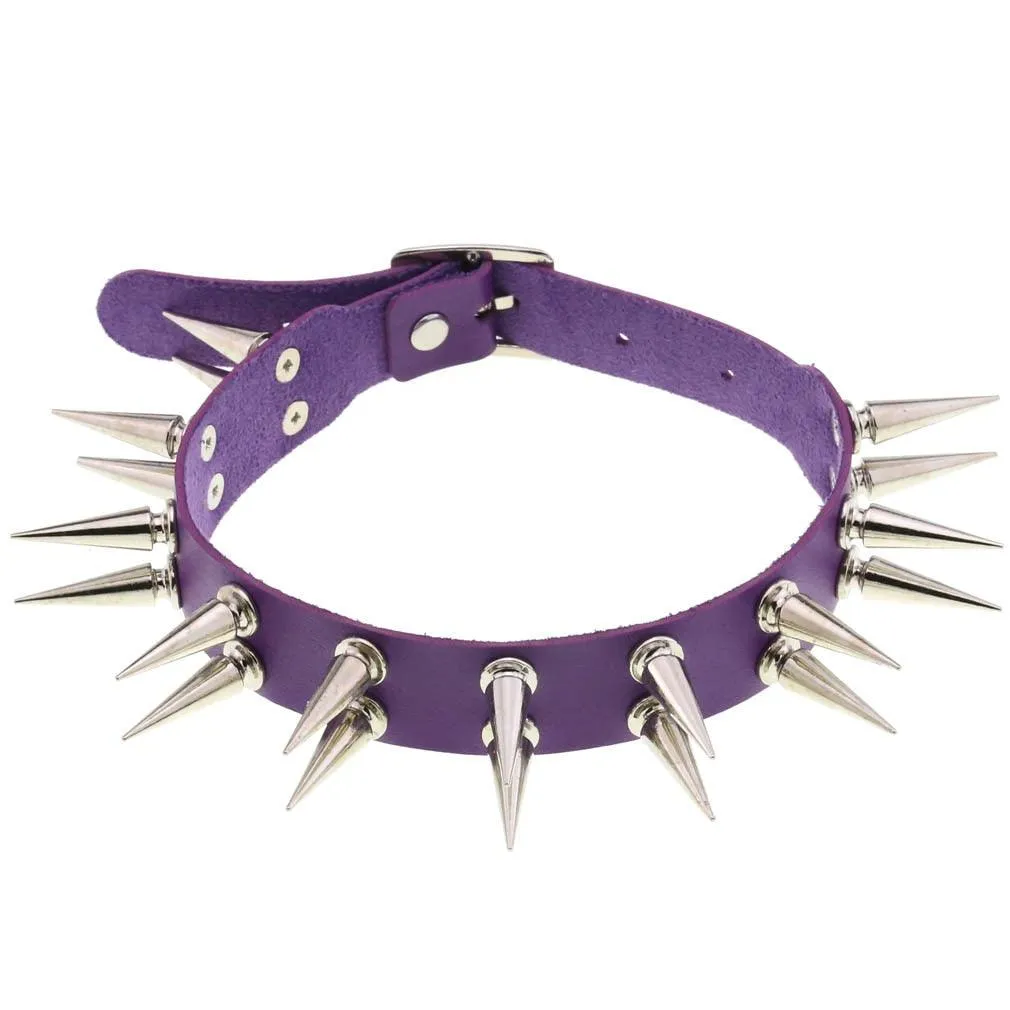 Long Spiked Choker Collar Leather Goth Necklace