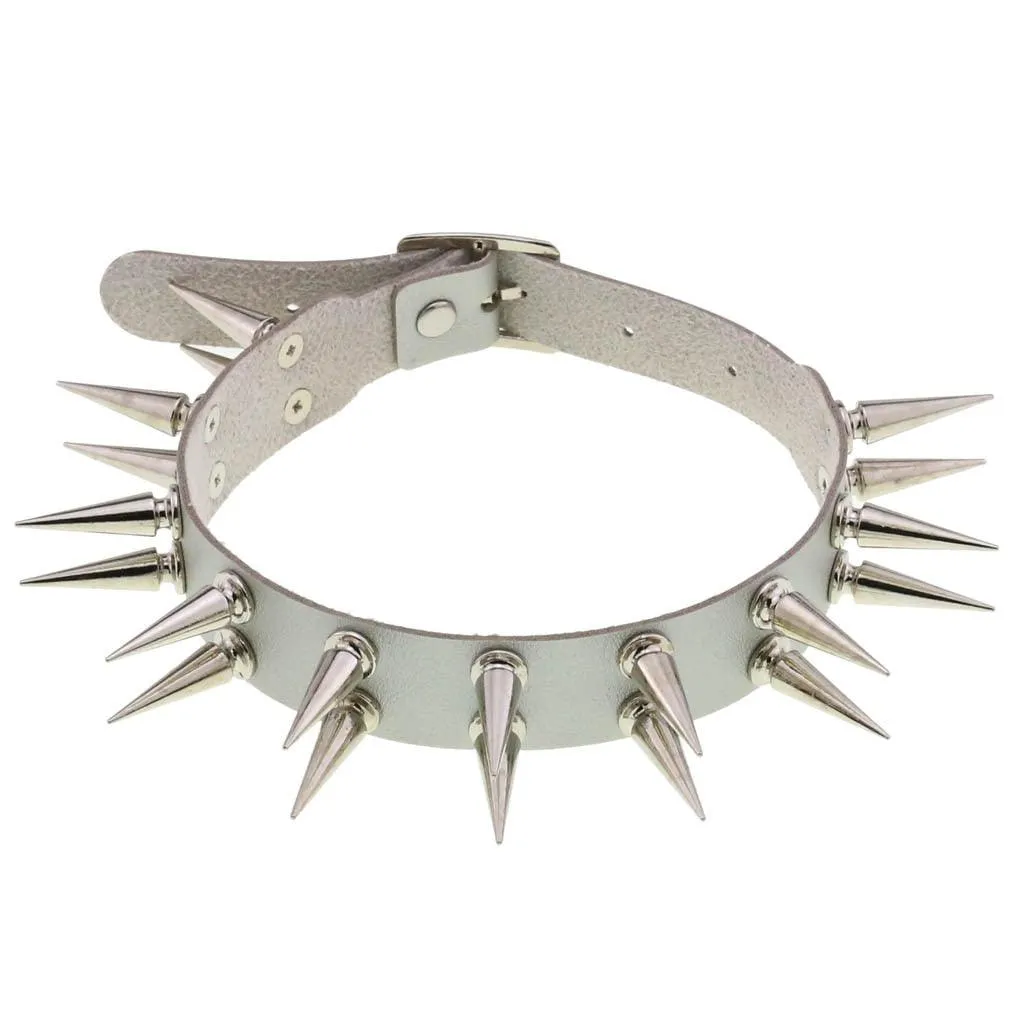 Long Spiked Choker Collar Leather Goth Necklace