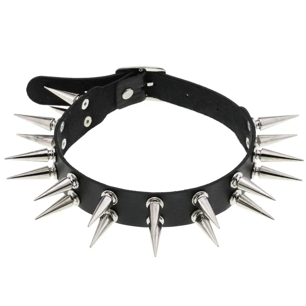 Long Spiked Choker Collar Leather Goth Necklace