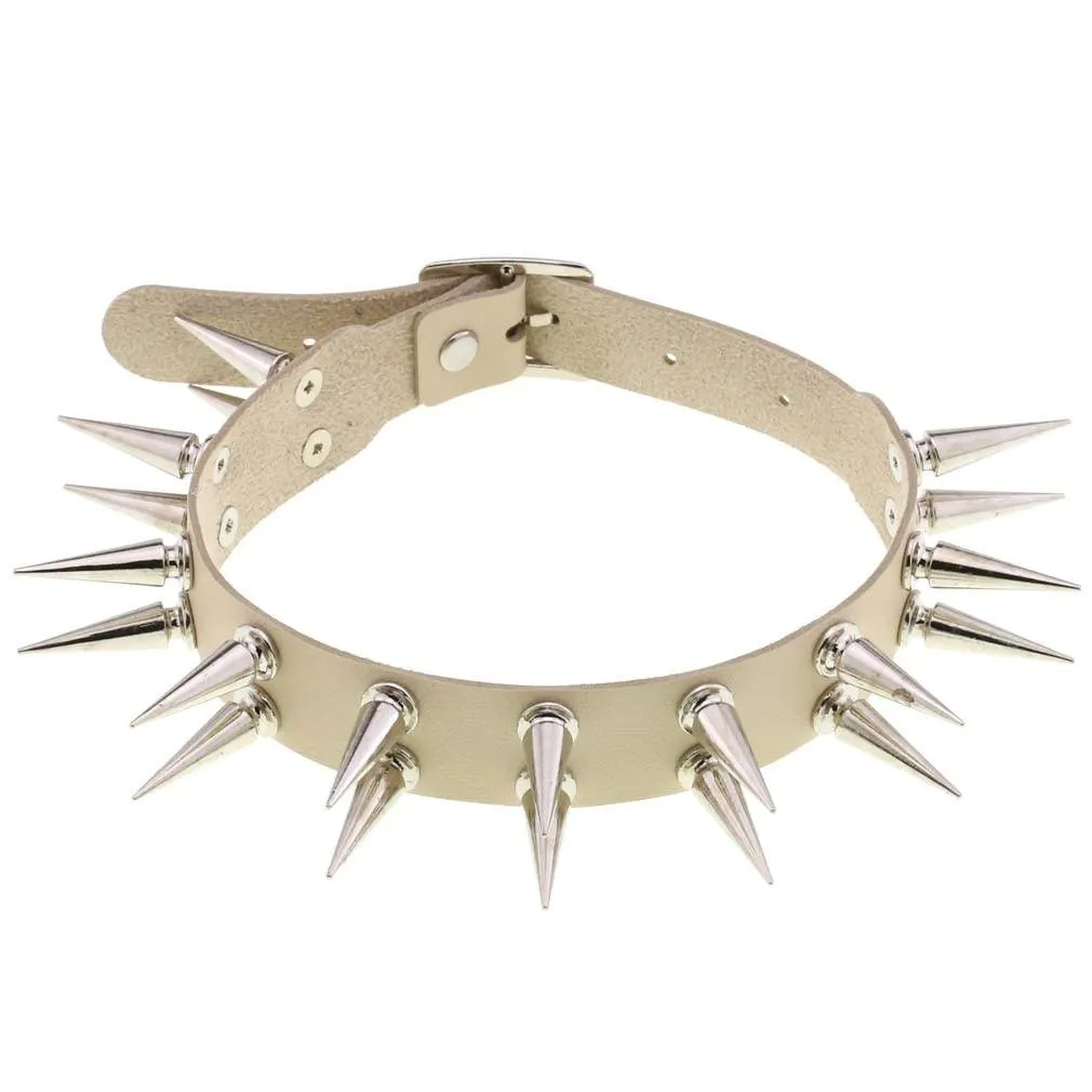 Long Spiked Choker Collar Leather Goth Necklace