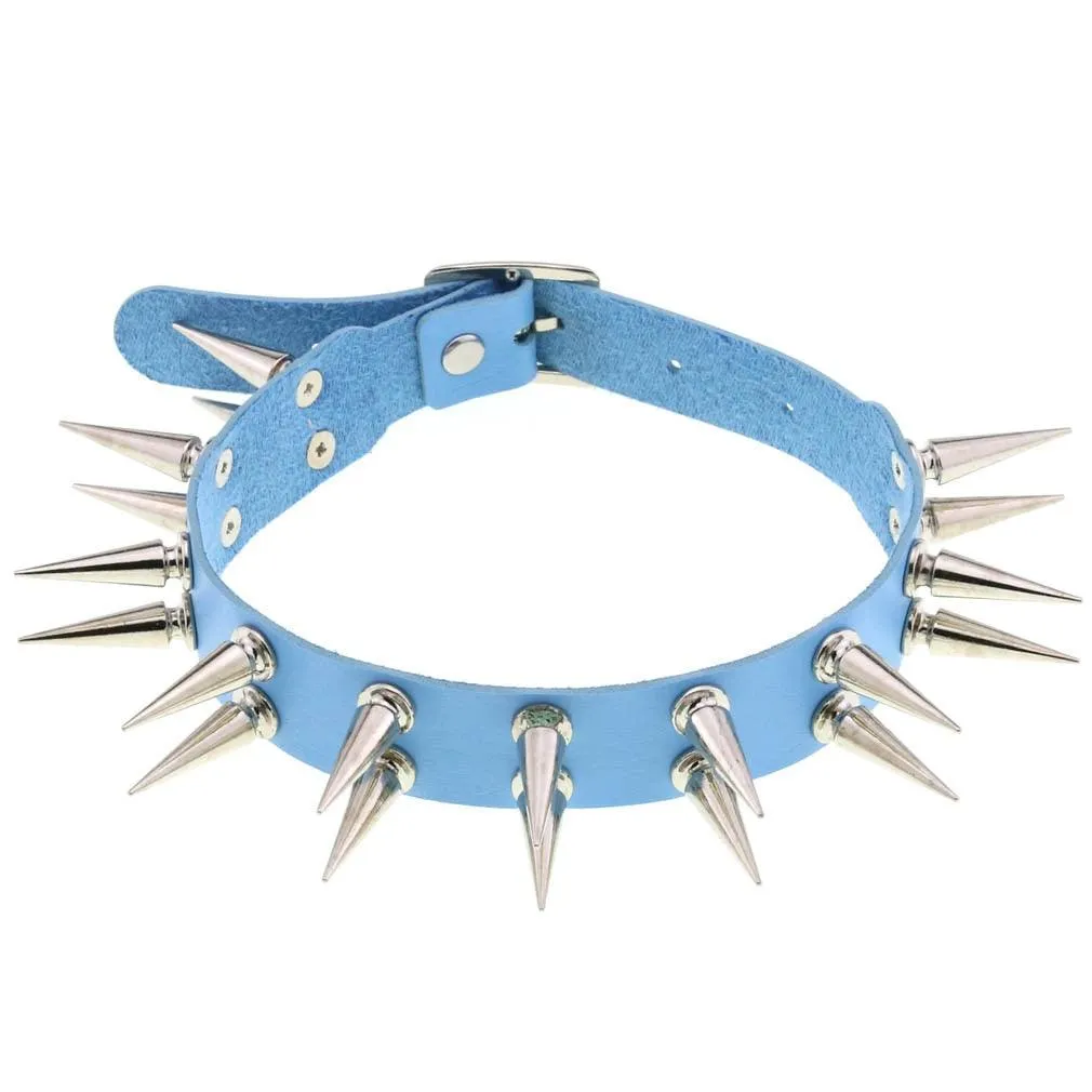 Long Spiked Choker Collar Leather Goth Necklace