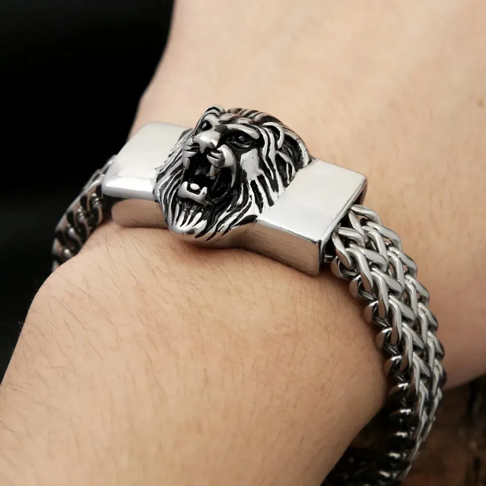 Men and Women Vintage Punk Stainless Steel Lion Head Biker Bracelet