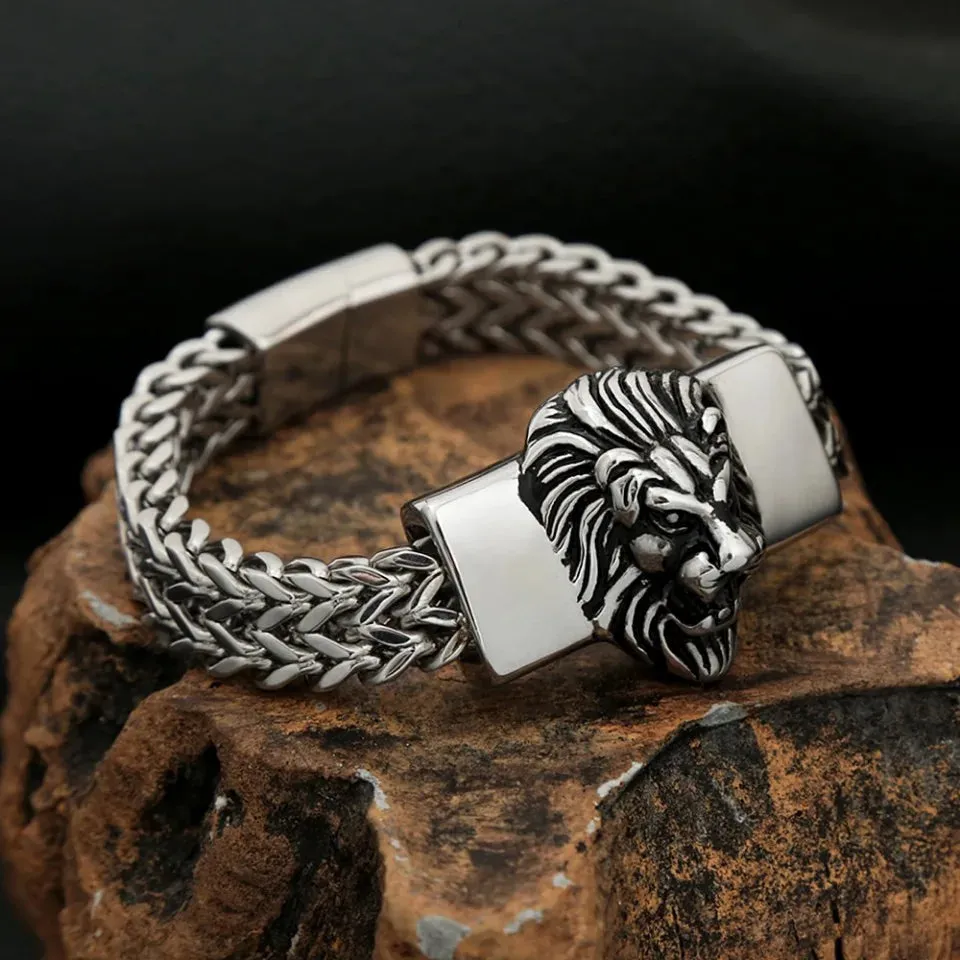 Men and Women Vintage Punk Stainless Steel Lion Head Biker Bracelet