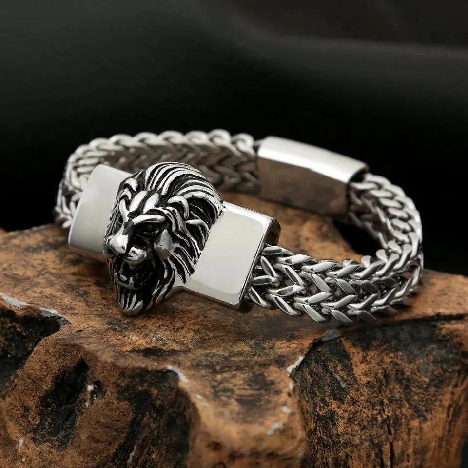 Men and Women Vintage Punk Stainless Steel Lion Head Biker Bracelet