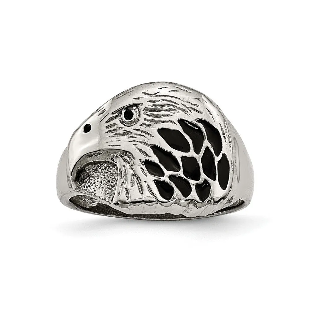 Men's 15mm Stainless Steel Black Enamel Eagle Tapered Ring