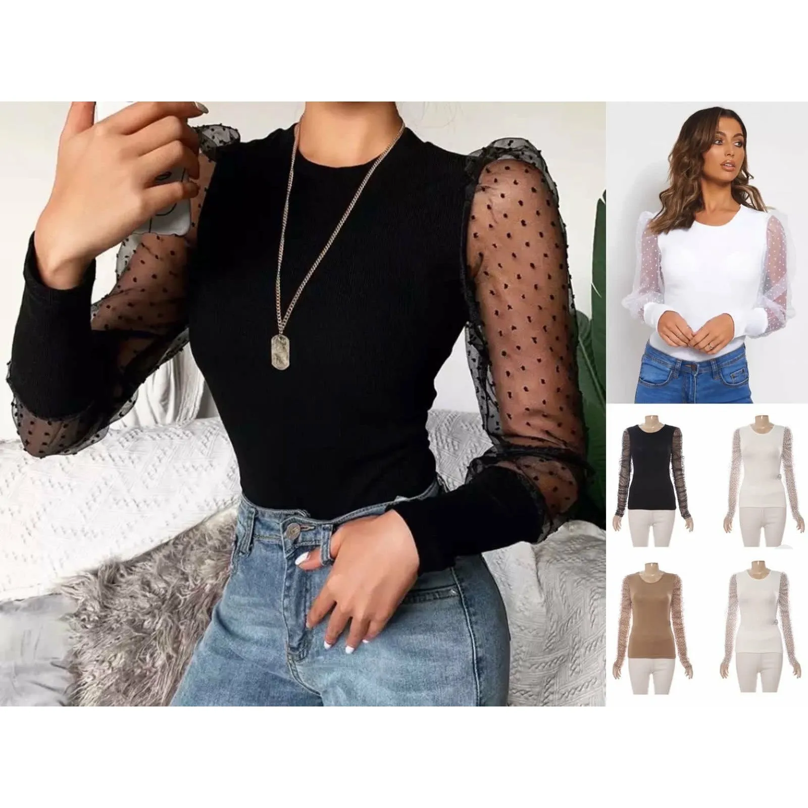 Mesh Puff Sleeve Elegant Tops