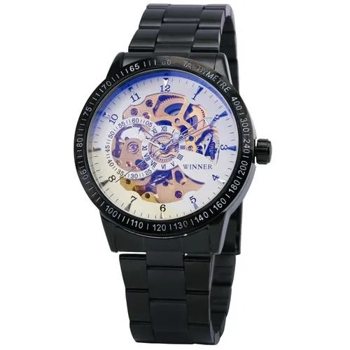 Military Fashion Men's Mechanical Skeleton Dial Stainless Steel Strap Watch