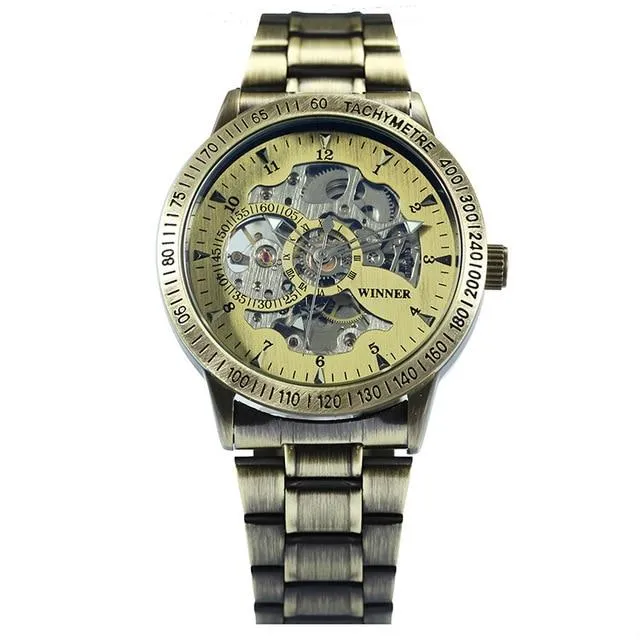 Military Fashion Men's Mechanical Skeleton Dial Stainless Steel Strap Watch