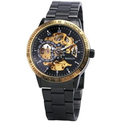 Military Fashion Men's Mechanical Skeleton Dial Stainless Steel Strap Watch