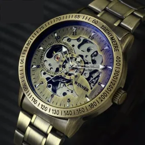 Military Fashion Men's Mechanical Skeleton Dial Stainless Steel Strap Watch