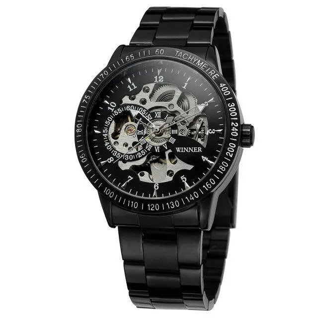 Military Fashion Men's Mechanical Skeleton Dial Stainless Steel Strap Watch