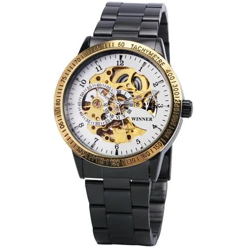 Military Fashion Men's Mechanical Skeleton Dial Stainless Steel Strap Watch