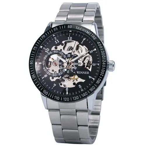 Military Fashion Men's Mechanical Skeleton Dial Stainless Steel Strap Watch