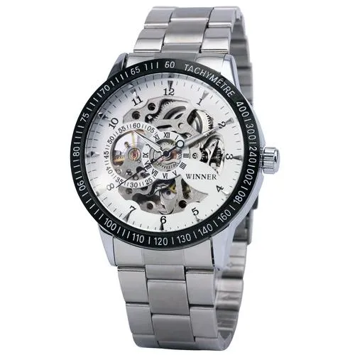 Military Fashion Men's Mechanical Skeleton Dial Stainless Steel Strap Watch