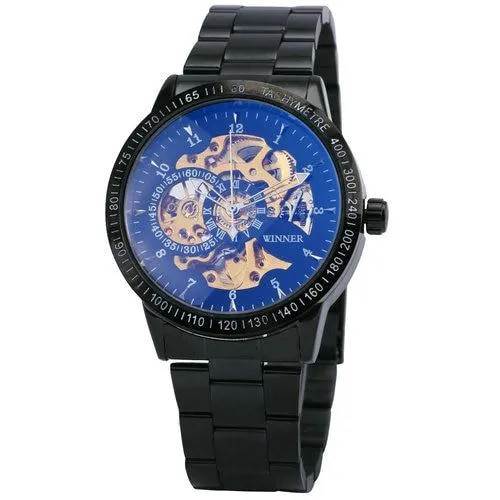 Military Fashion Men's Mechanical Skeleton Dial Stainless Steel Strap Watch