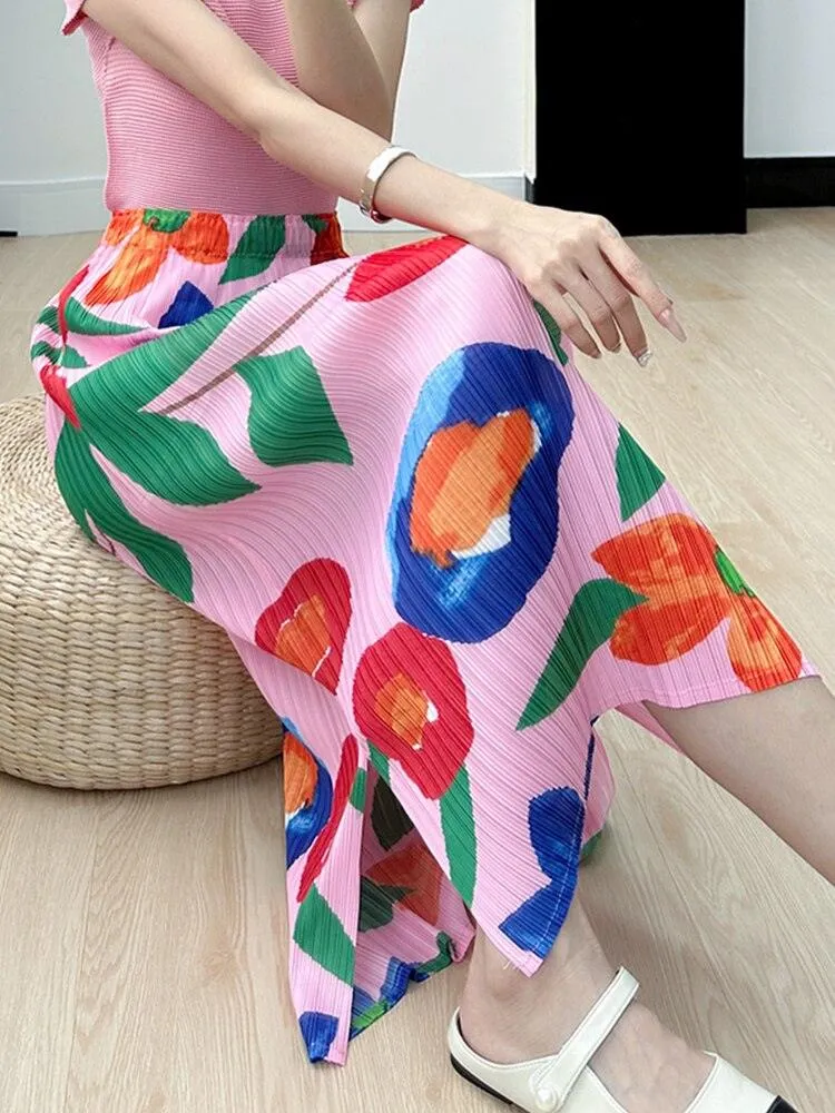 Miyake High-end Print Pink Skirt Summer Versatile Floral Pink Pleated Skirt