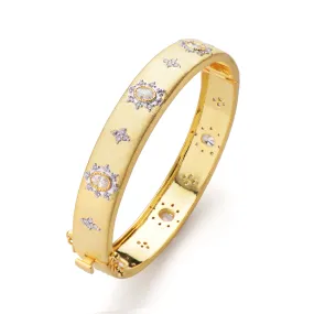 Narrow Star Pattern Oval CZ Center Bangle - Gold