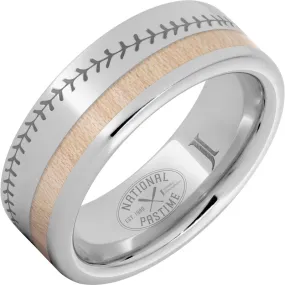 National Pastime Collection Serinium Ring with Maple Vintage Baseball Bat Wood Inlay and Baseball Stitch Engraving