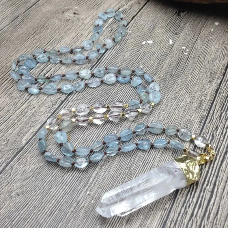 Natural Aquamarine & Clear Quartz Gemstone Necklace