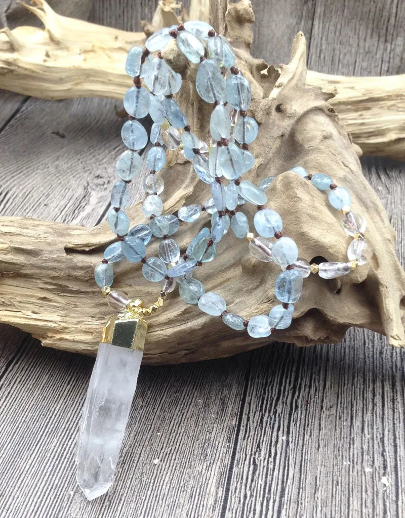 Natural Aquamarine & Clear Quartz Gemstone Necklace