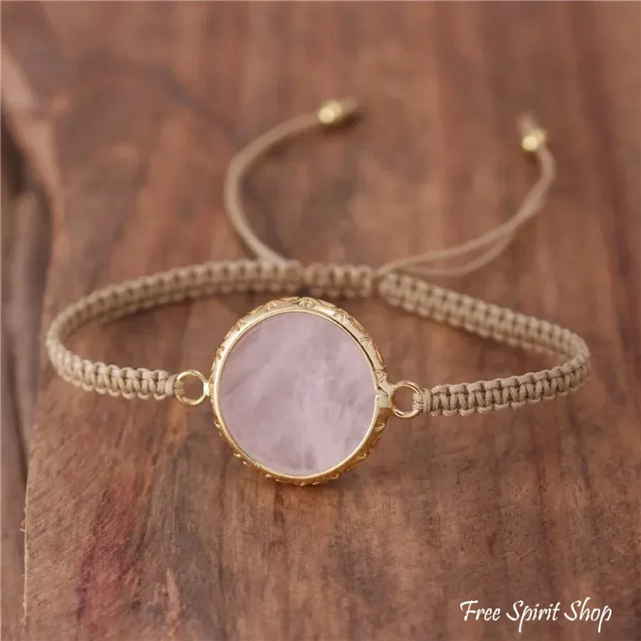 Natural Rose Quartz Circle Adjustable Rope Bracelet