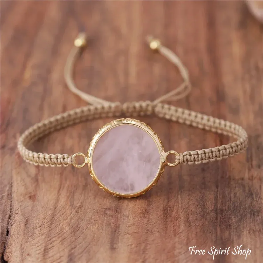 Natural Rose Quartz Circle Adjustable Rope Bracelet