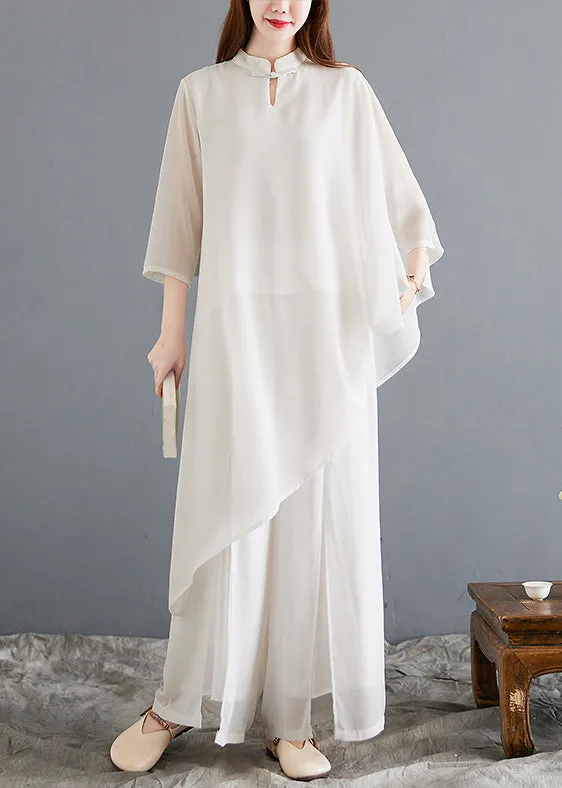 New White Asymmetrical Button Chiffon Sets 2 Pieces Half Sleeve