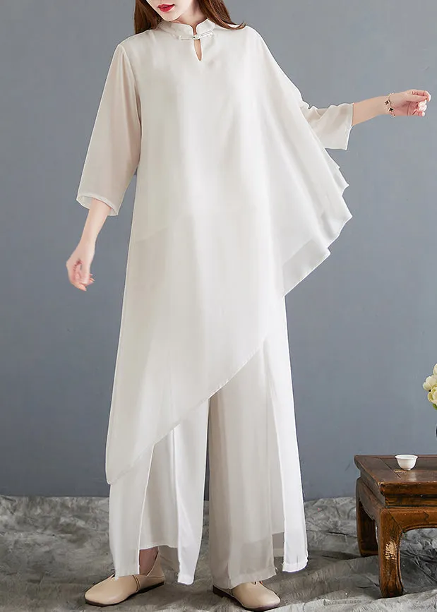 New White Asymmetrical Button Chiffon Sets 2 Pieces Half Sleeve