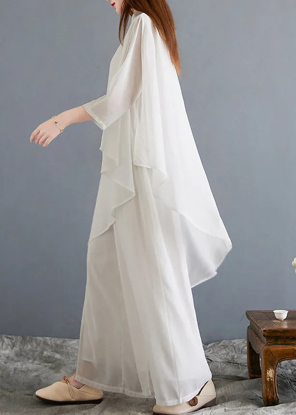 New White Asymmetrical Button Chiffon Sets 2 Pieces Half Sleeve