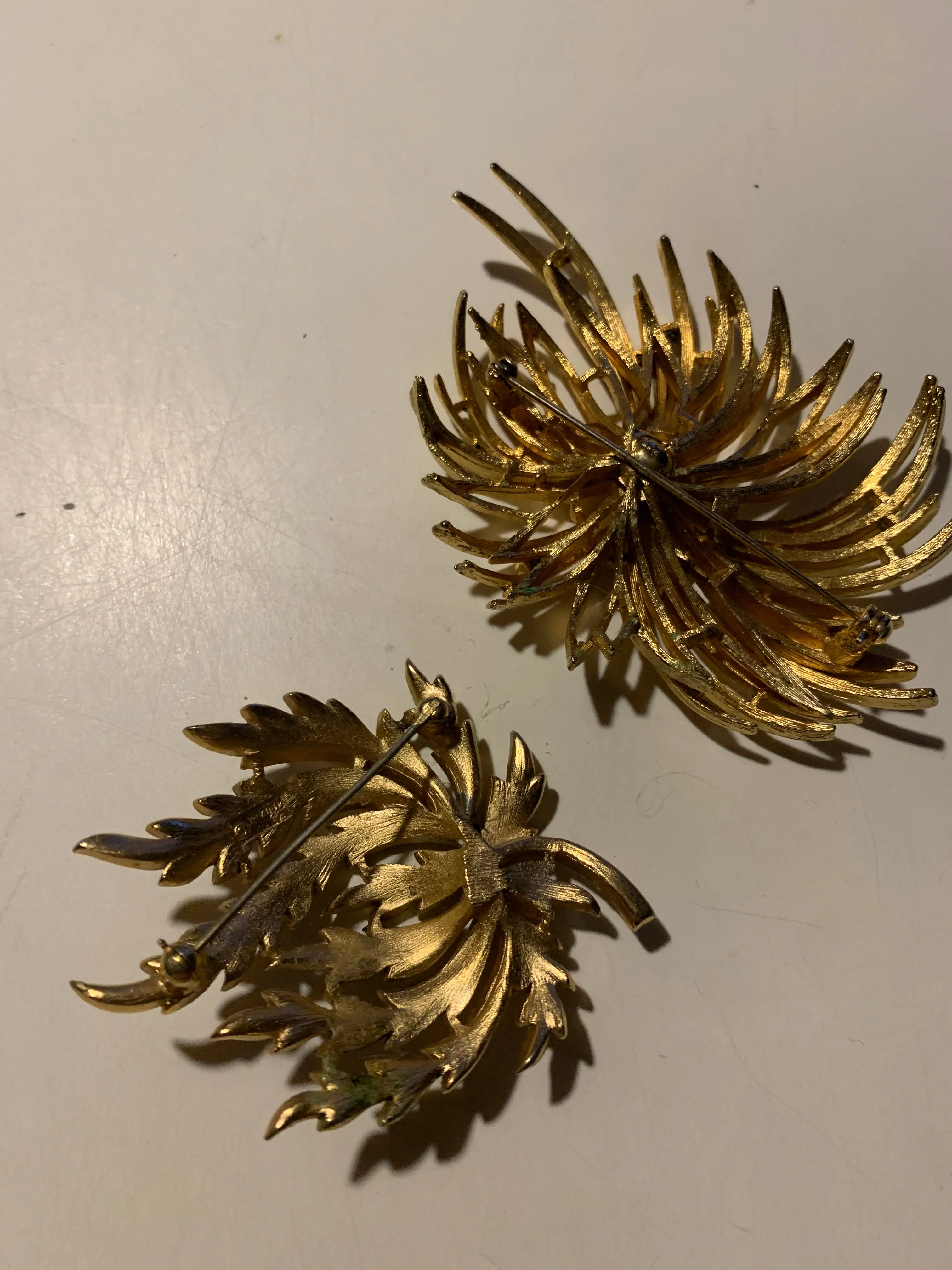 Organic Foliage Gold Tone Metal Statement Brooches Set 2 circa 1960s