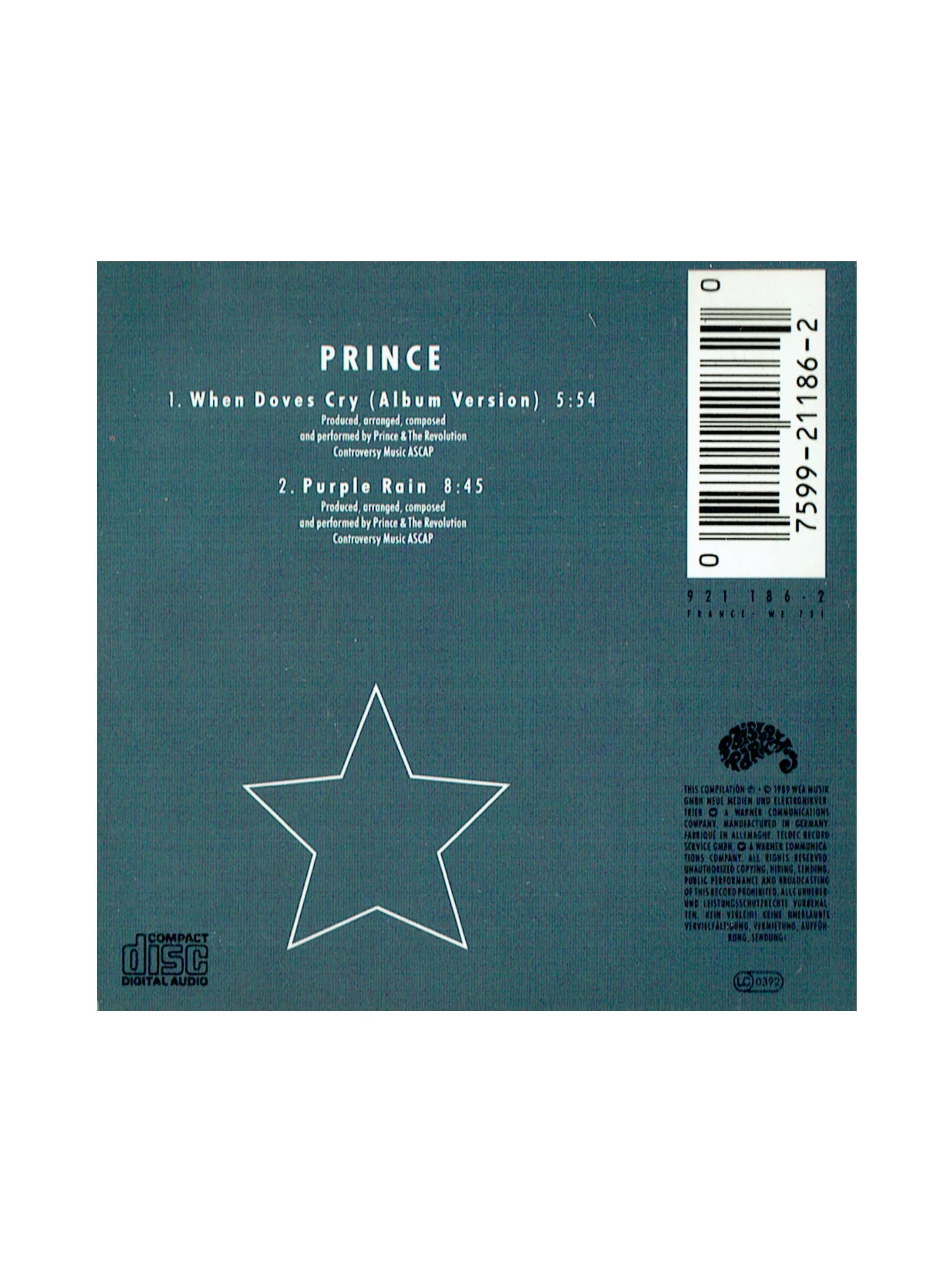 Prince – When Doves Cry / Purple Rain CD Mini Single Europe Preloved: 1989