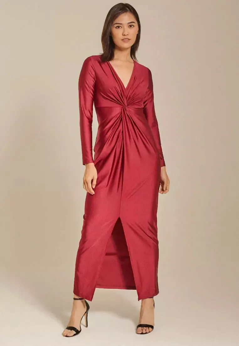 Sexy Long Sleeve V Neck Split Pleated Long Dress XL B-84946