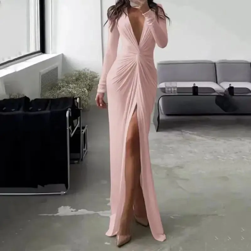 Sexy Long Sleeve V Neck Split Pleated Long Dress XL B-84946