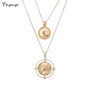 Simple Golden Portrait Long Chain Pendant Necklace