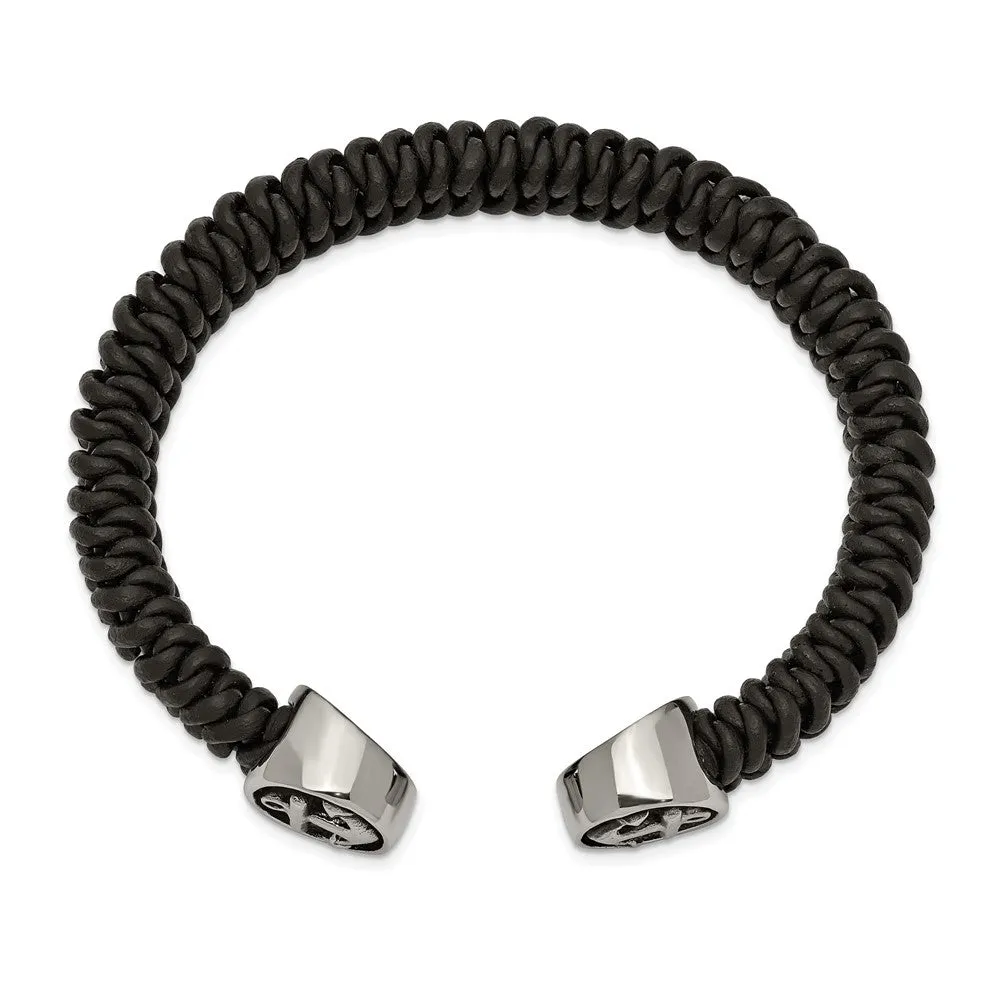 Stainless Steel & Black Leather Woven & Anchor Cuff Bracelet