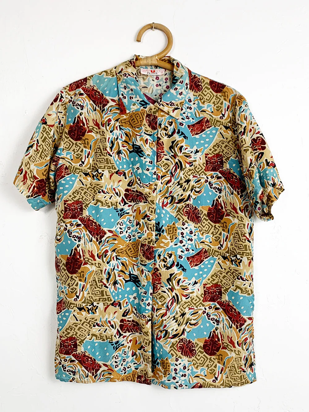 STUNT Graphic Print Blue and Tan Silk Button Up