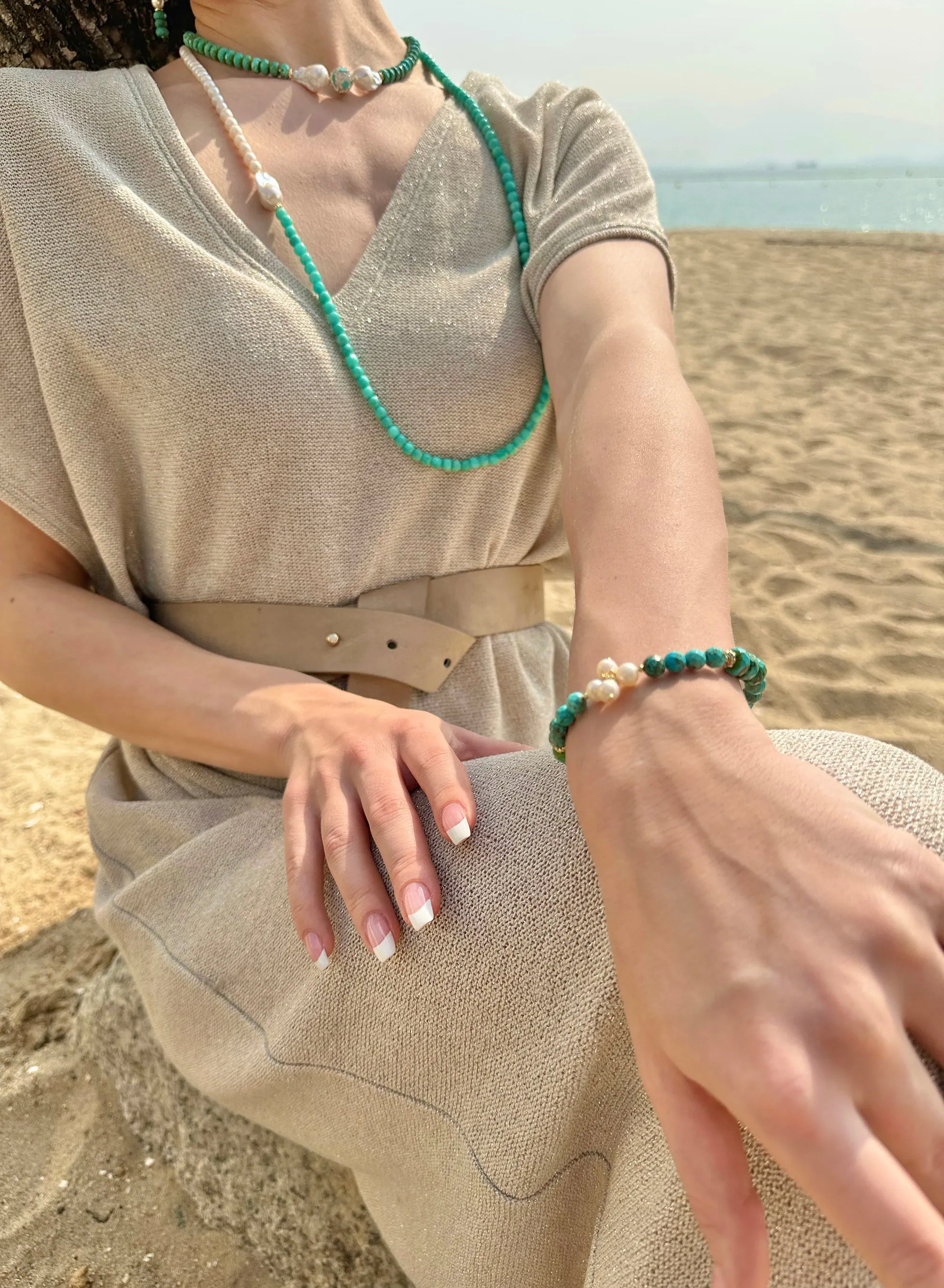 Turquoise with Flower Pearls Adjustable Bracelet JB020