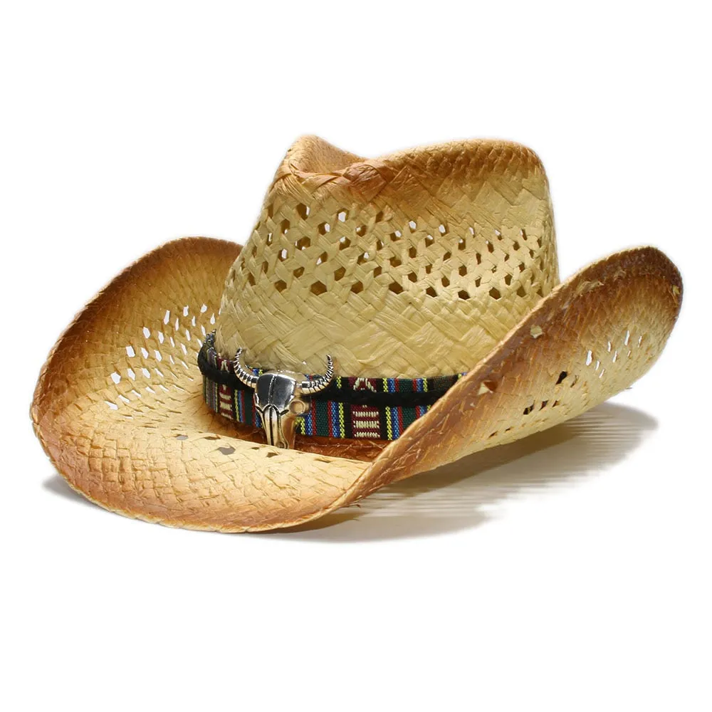 Unisex Retro Raffia Straw Big Ox Head Western Style Wide Brim Hat