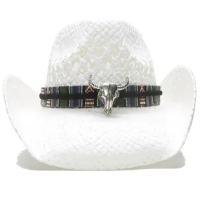 Unisex Retro Raffia Straw Big Ox Head Western Style Wide Brim Hat