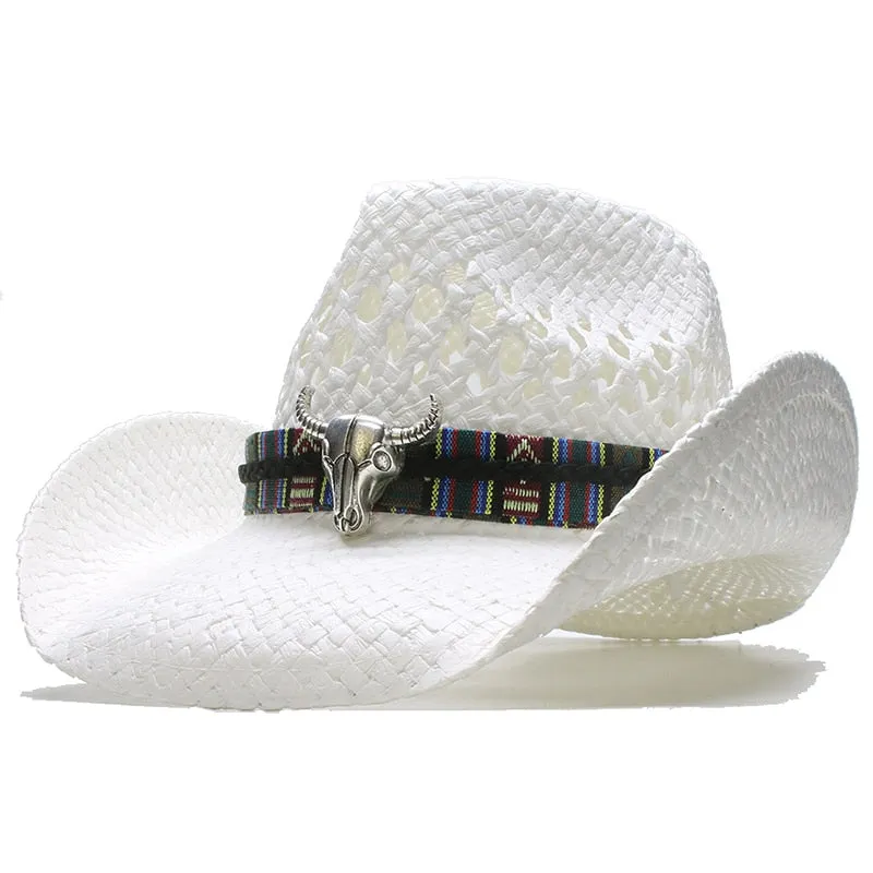 Unisex Retro Raffia Straw Big Ox Head Western Style Wide Brim Hat