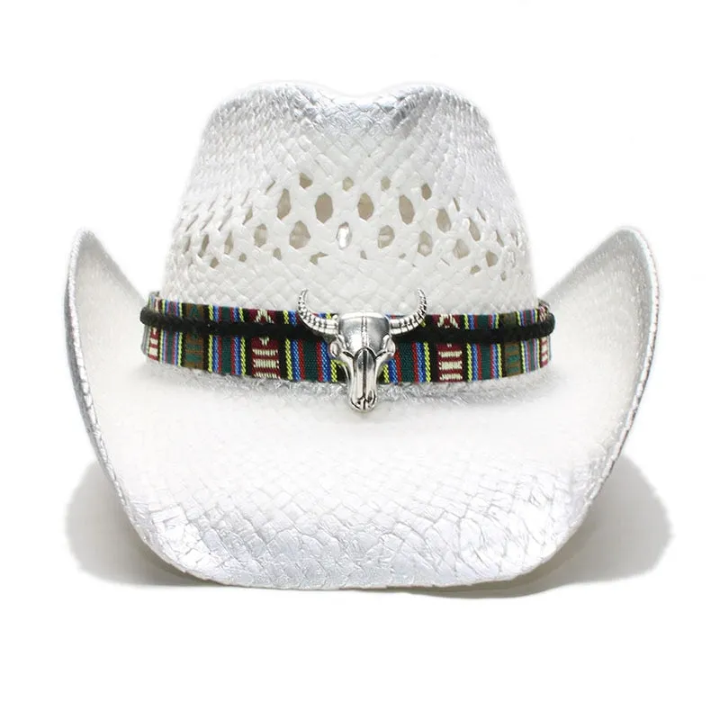 Unisex Retro Raffia Straw Big Ox Head Western Style Wide Brim Hat