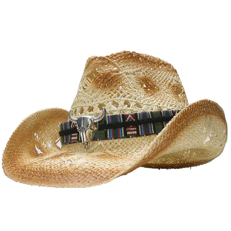 Unisex Retro Raffia Straw Big Ox Head Western Style Wide Brim Hat