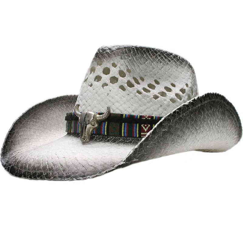 Unisex Retro Raffia Straw Big Ox Head Western Style Wide Brim Hat