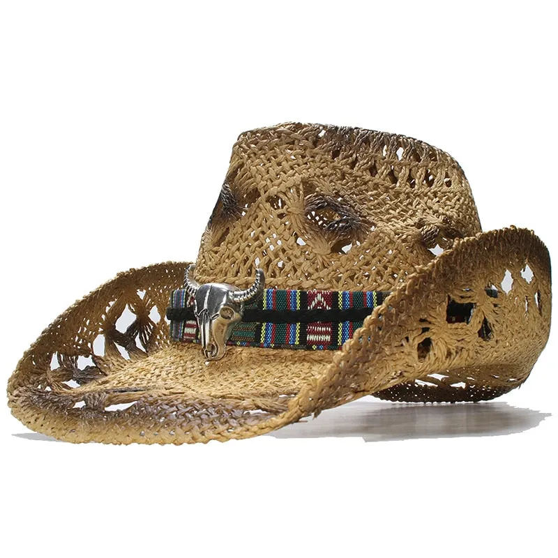 Unisex Retro Raffia Straw Big Ox Head Western Style Wide Brim Hat