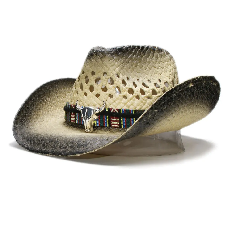 Unisex Retro Raffia Straw Big Ox Head Western Style Wide Brim Hat